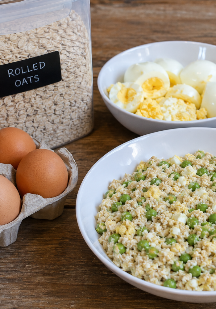 A styled kitchen scene on a wooden table showing a clear bag of rolled oats labeled 'Rolled Oats,' a carton of brown eggs, and two white bowls containing a prepared oat and pea salad with hard-boiled eggs.