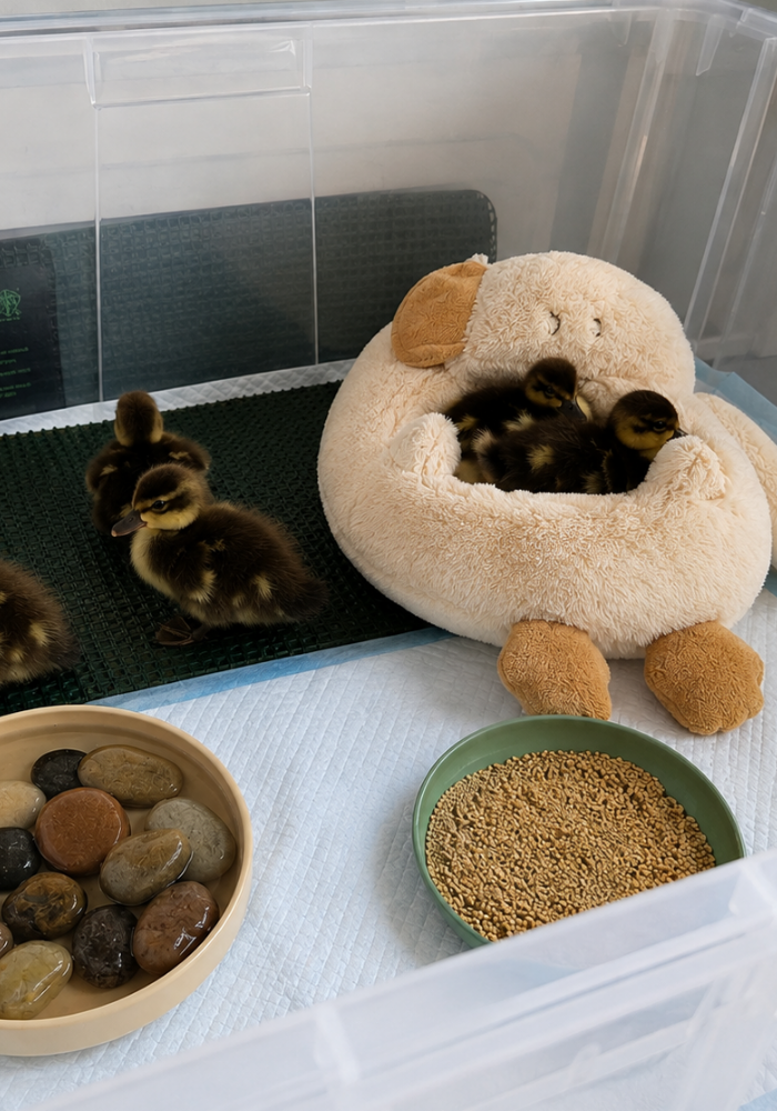 A clear plastic baby enclosure with several small yellow-and-brown ducklings. Inside the enclosure is a plush cream-colored duck-shaped hide, a green mat, a bowl of pebbles, and a bowl of seed.