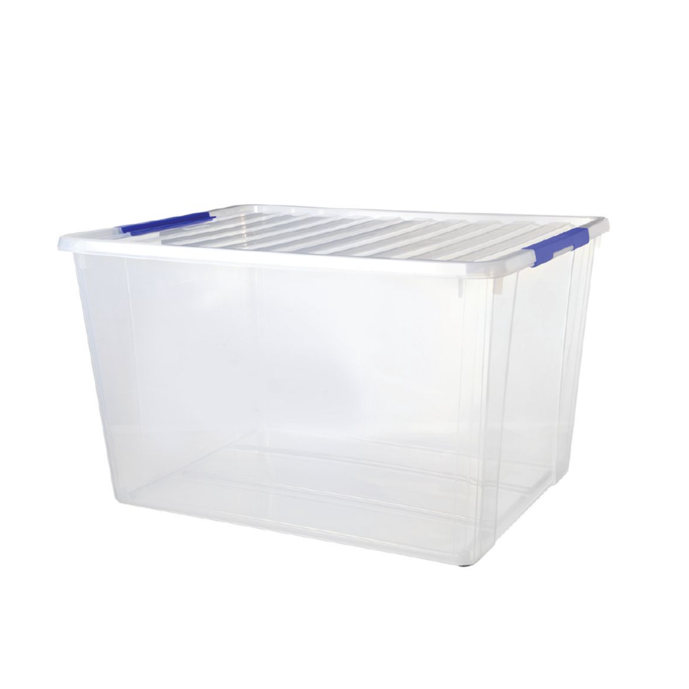 A clear plastic storage bin with a slatted lid and blue latch handles, shown on a plain white background.