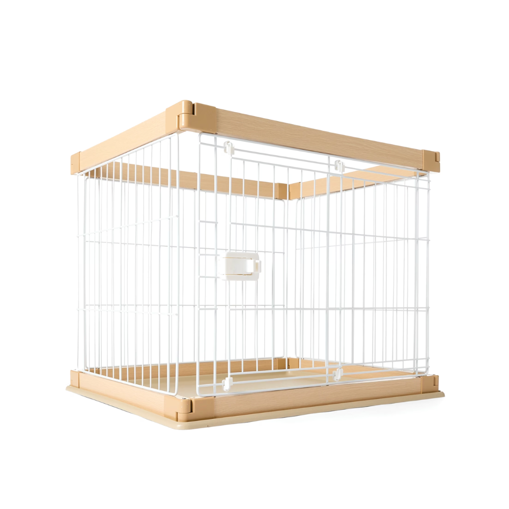 A metal pet playpen with a white wire grid structure and natural light wood trim on the top, bottom, and sides, shown on a solid white background.