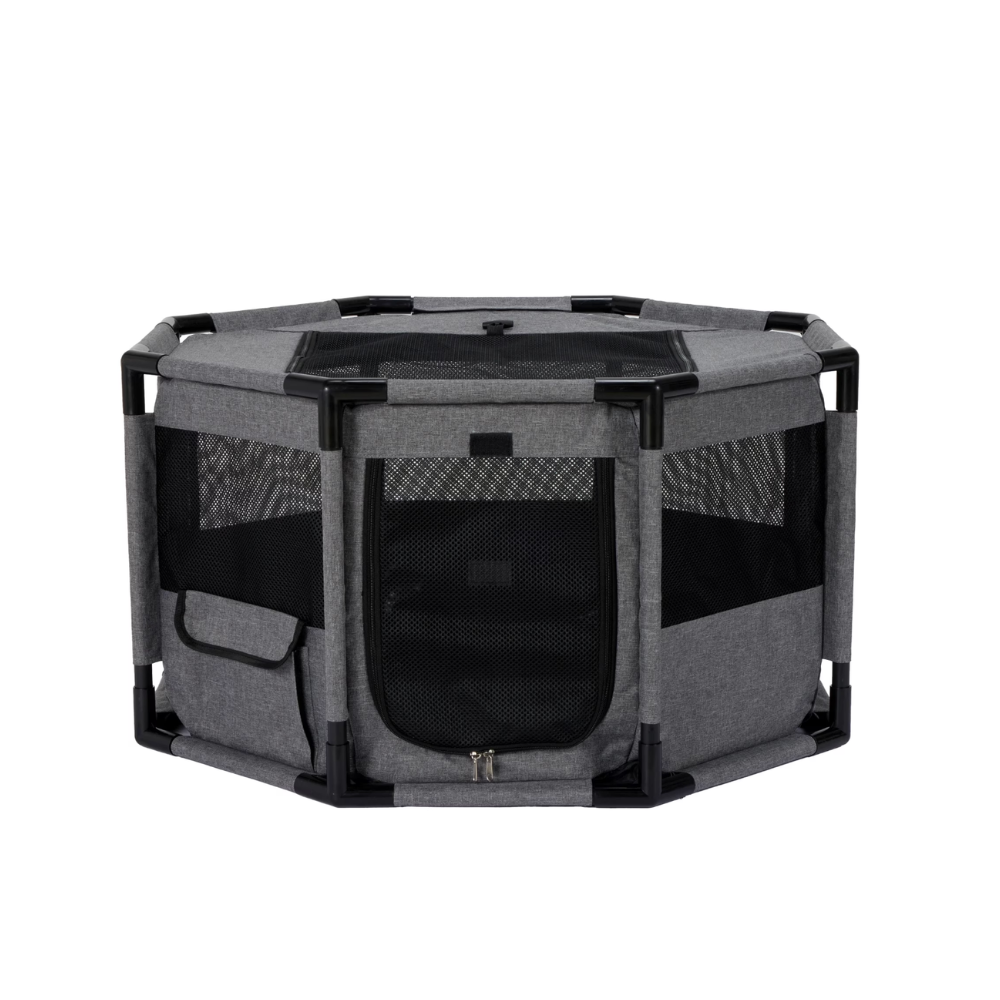 Gray fabric pet playpen with black mesh panels and a black metal frame, shown on a plain white background.