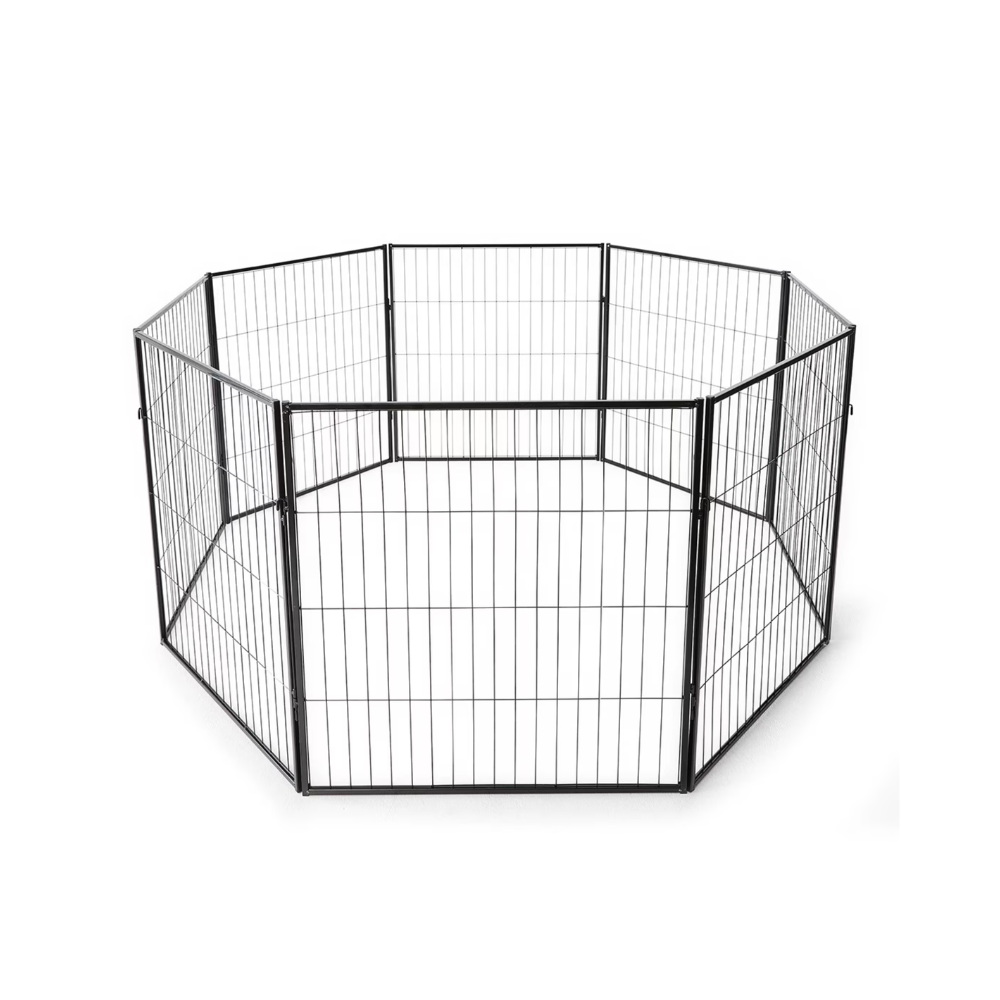 A black metal wire playpen with an octagonal shape, shown on a plain white background.