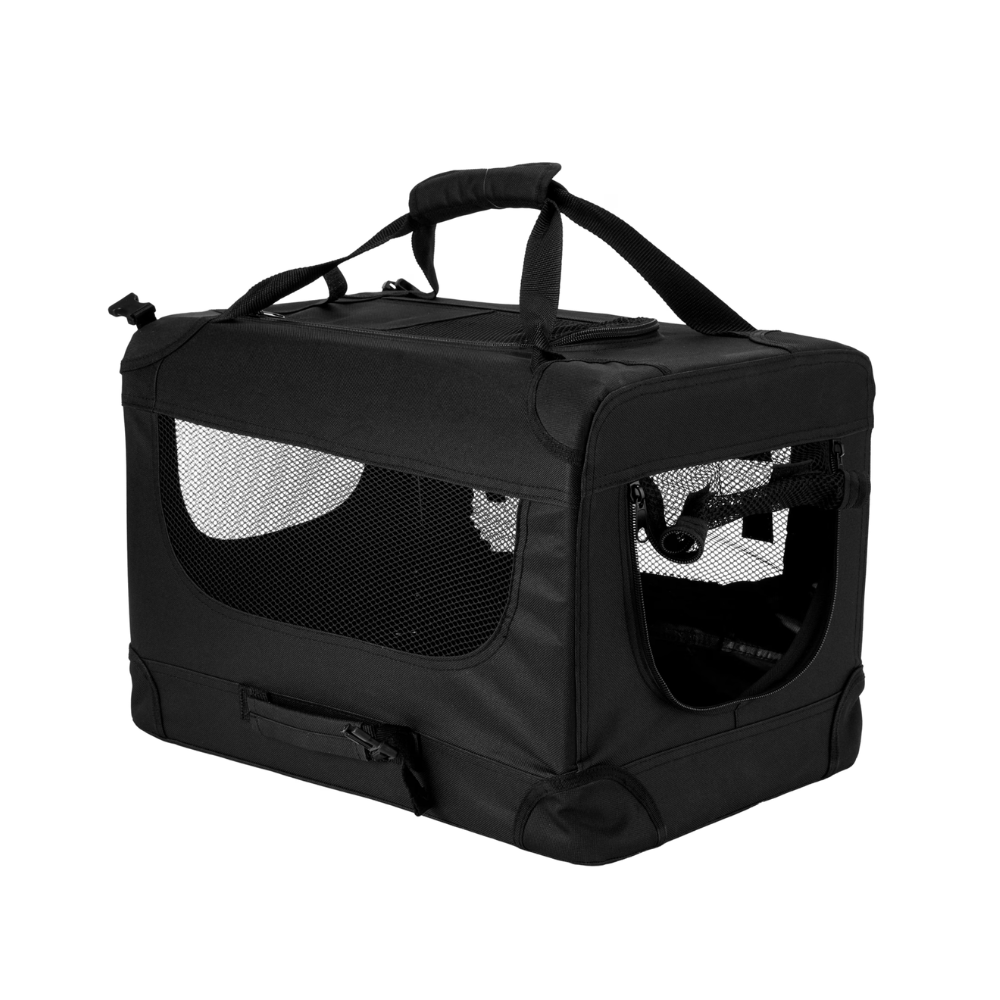 A black pet carrier bag with mesh windows and top handles, shown on a plain white background.